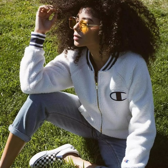 CHAMPION Jacket SHERPA FLEECE BOMBER Logo Patches Script Relaxed Lined Sz Small - Picture 3 of 9